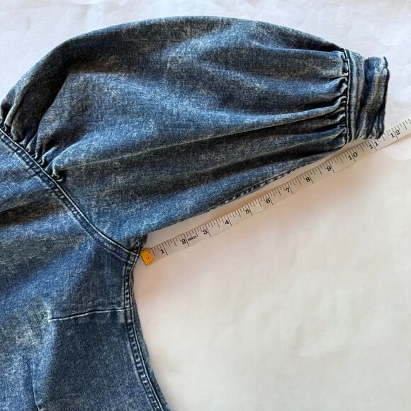 GANNI 90's Acid Wash Stretch Denim Puff Sleeve Mock Neck Cult Mini Dress Size 36 - Picture 16 of 16